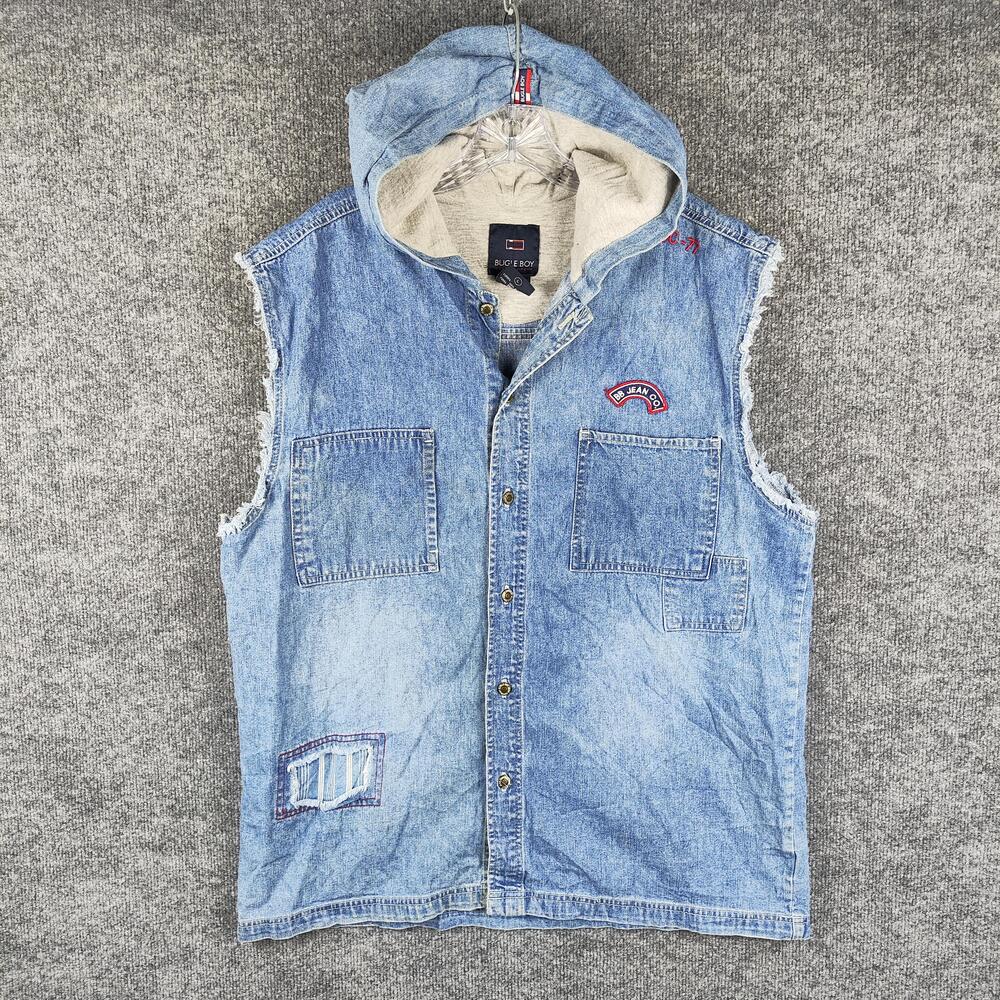 Bugle Boy Vest Mens Large Blue Denim Hooded Snap Front Lined BBJC-77 BUN205
